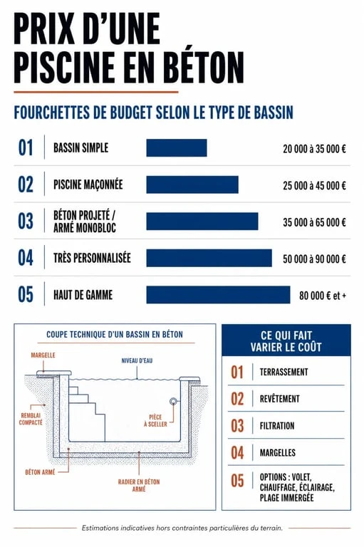 Prix beton piscine : infographie des budgets selon le type de bassin et les principaux postes de coût