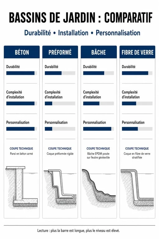 Comparatif des matériaux pour bassin beton, bassin préformé, bâche et fibre de verre