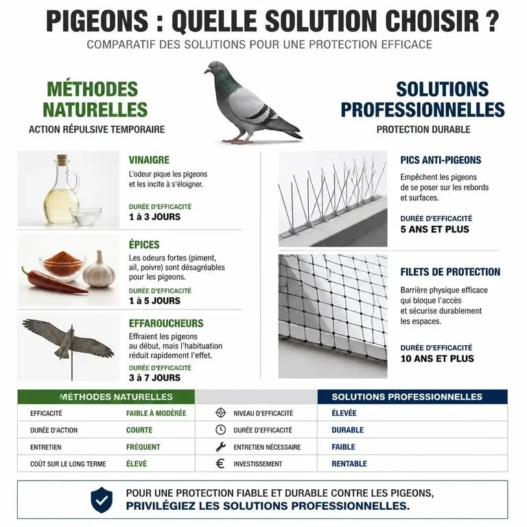Infographie comparative des méthodes pour faire fuir les pigeons : recettes de grand-mère contre dispositifs professionnels