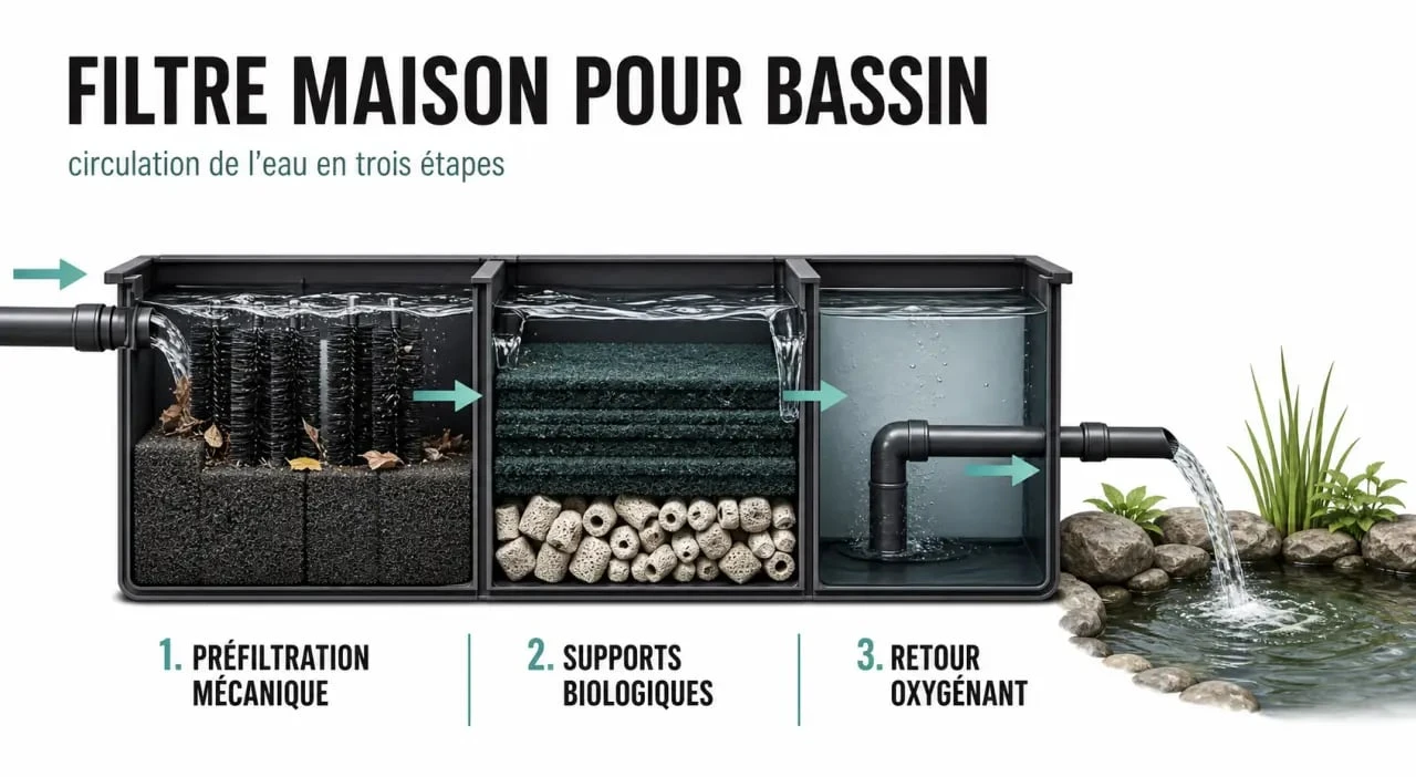 Fabriquer filtre pour bassin : schéma éditorial d’un filtre maison avec préfiltration mécanique, zone biologique et retour d’eau