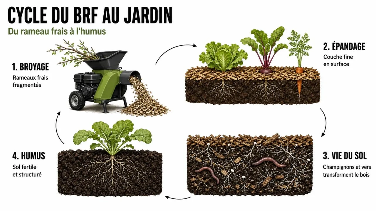 BRF paillage : schéma du cycle broyage, épandage, décomposition et humus au jardin