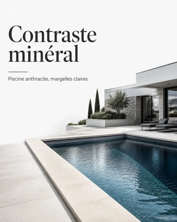 Piscine gris anthracite avec margelles claires et intégration paysagère contemporaine