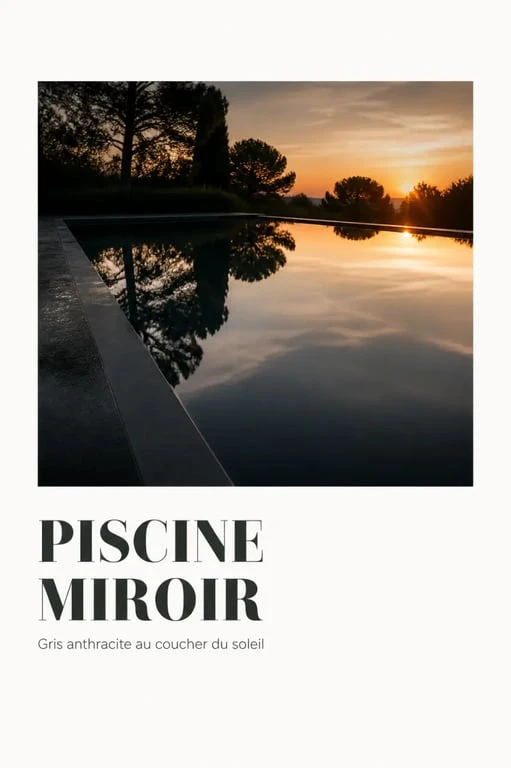 Piscine gris anthracite avec effet miroir et reflets au coucher du soleil