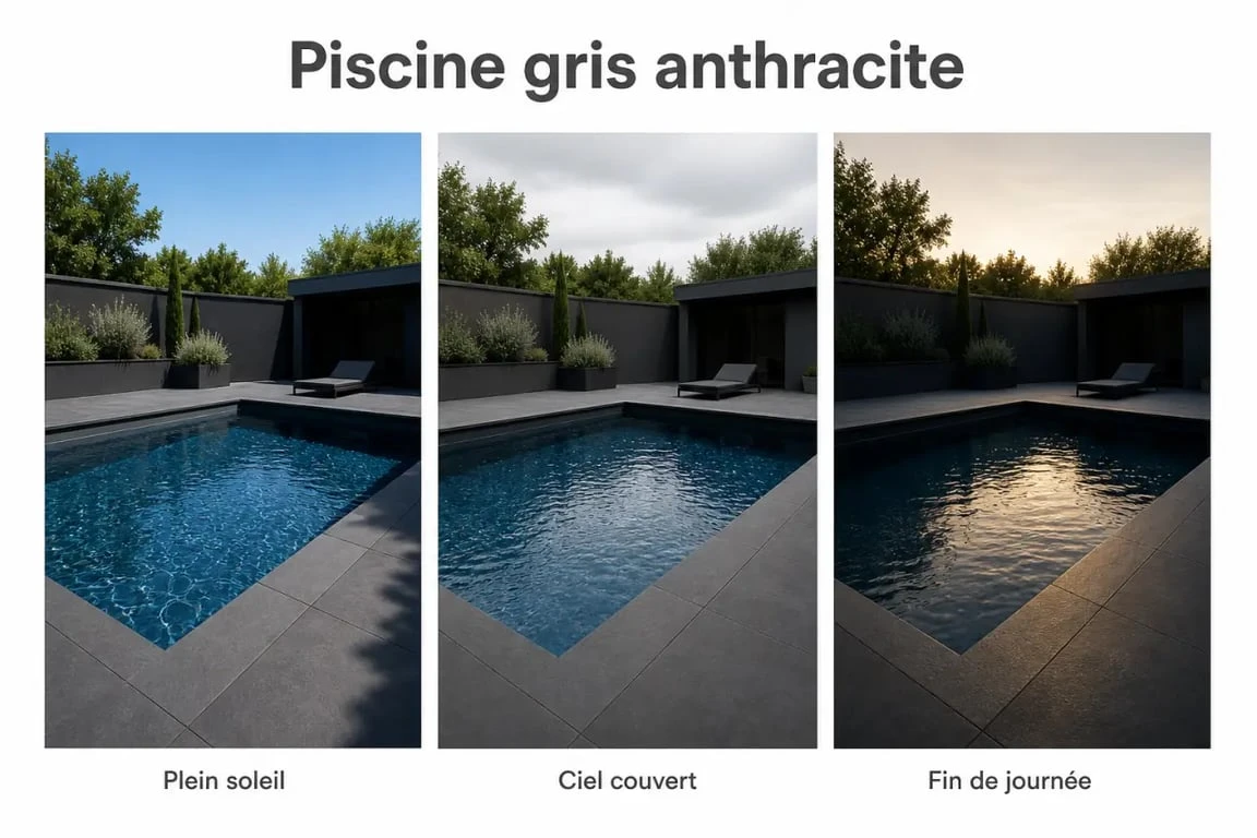 Piscine gris anthracite comparée selon la luminosité et le rendu de l’eau