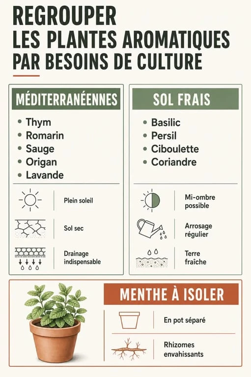 Tableau association plantes aromatiques avec groupes compatibles, besoins en eau et menthe à isoler