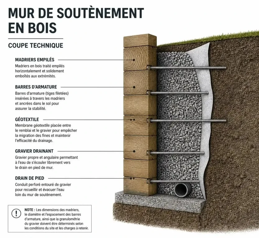 Schéma technique de construction d'un mur de soutènement en bois avec système de drainage