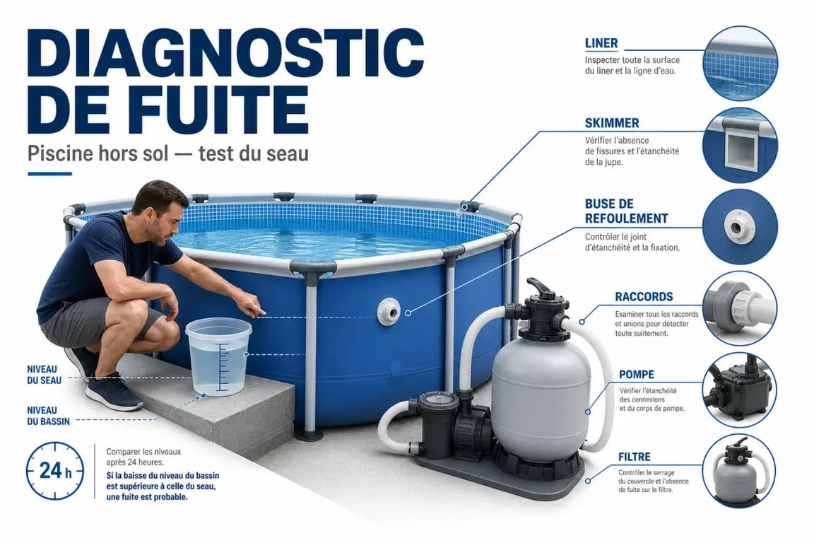 Fuite piscine hors sol : test du seau et zones à inspecter pour localiser la fuite