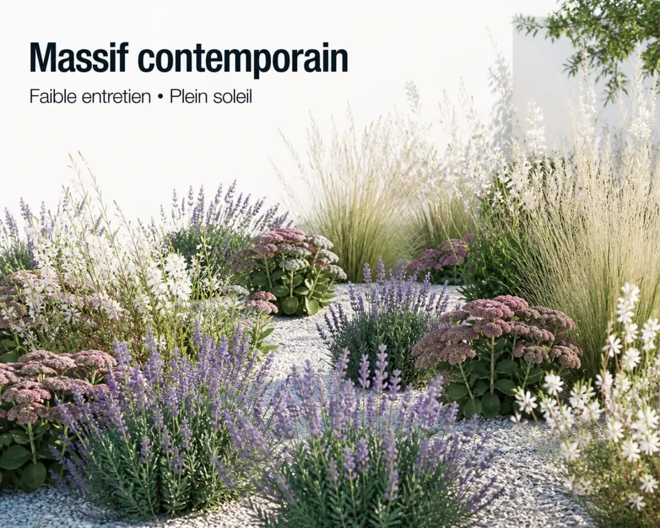 Créer un massif sans entretien avec lavandes, graminées et paillage minéral dans un jardin ensoleillé