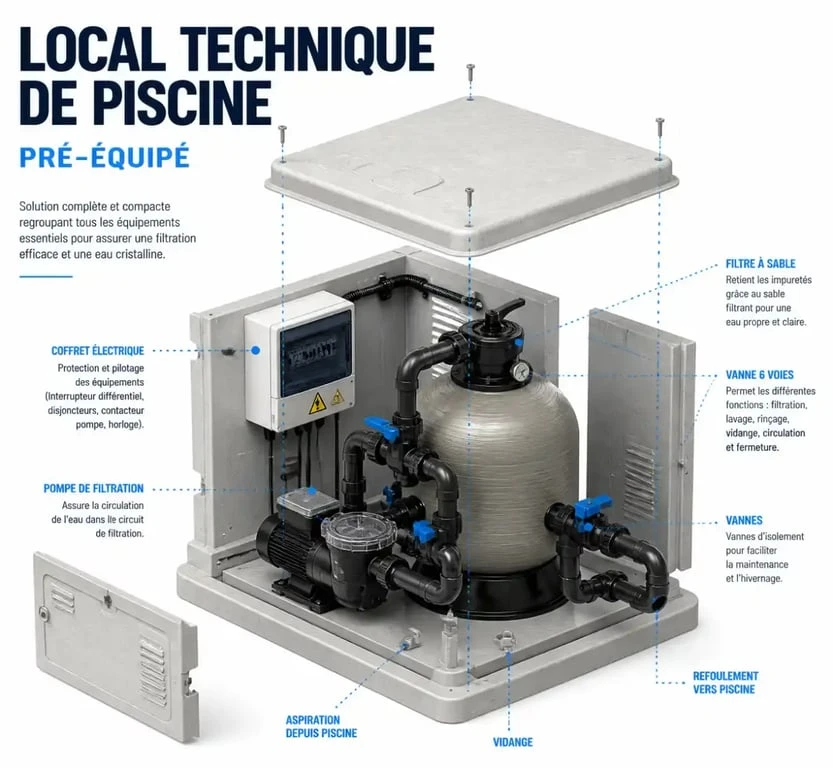 Composants internes d'un local technique piscine enterré