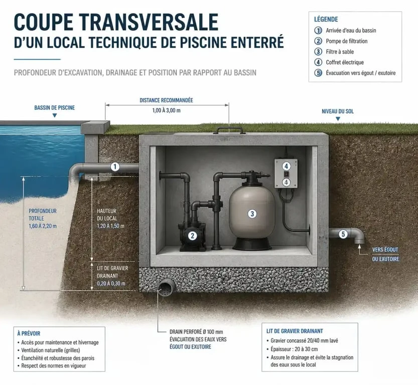 Schéma de coupe d'un local technique piscine enterré avec drainage