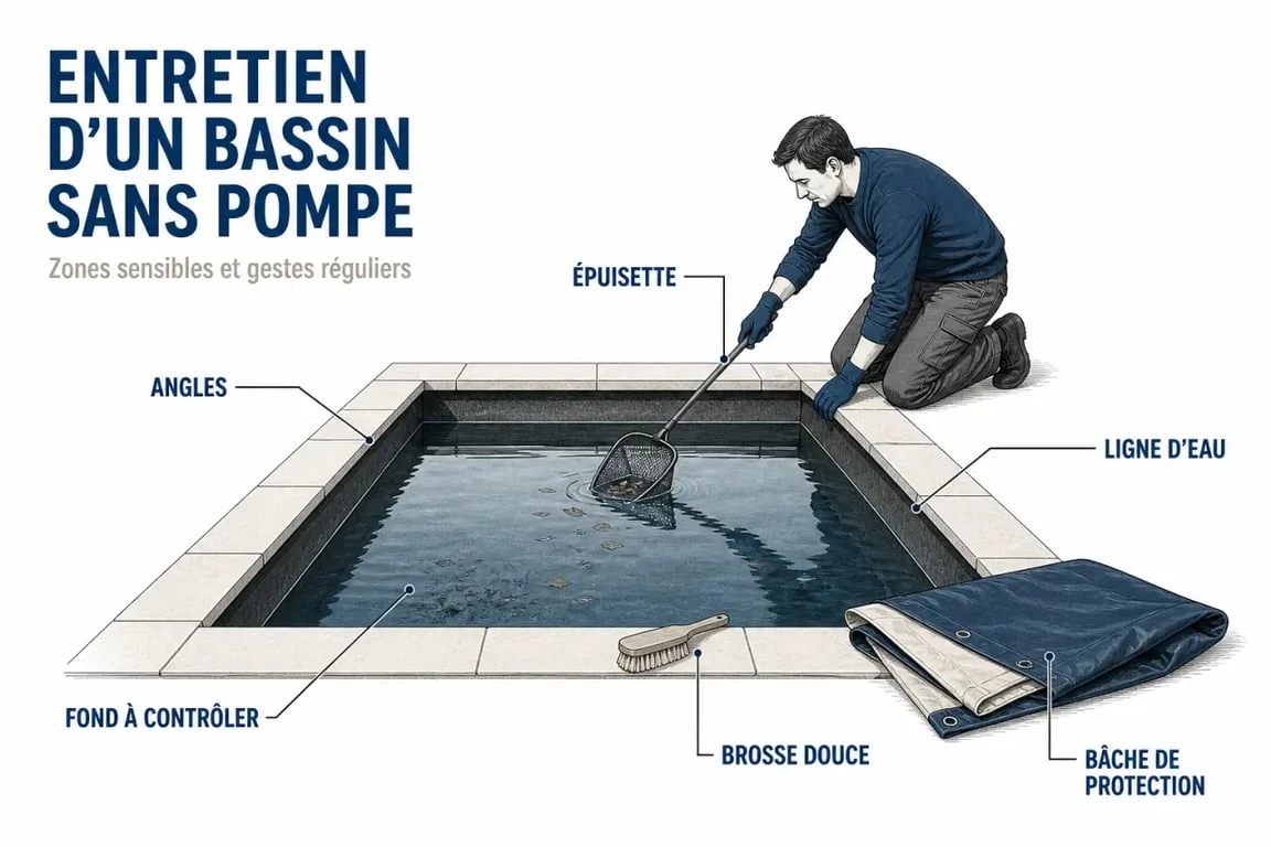 Piscine sans pompe entretien : routine manuelle avec épuisette, brossage des parois et couverture du bassin