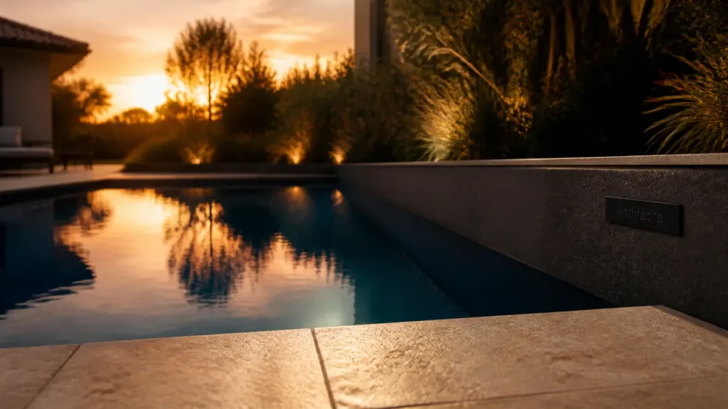 Piscine gris anthracite : eau bleu profond et margelles travertin