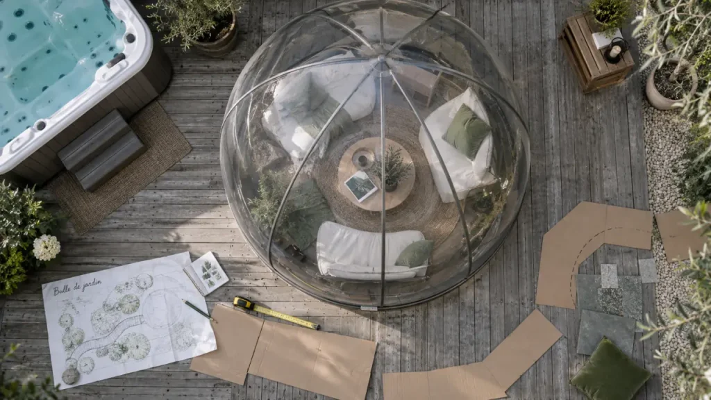 Bulle de jardin transparente : spa et terrasse bois gris