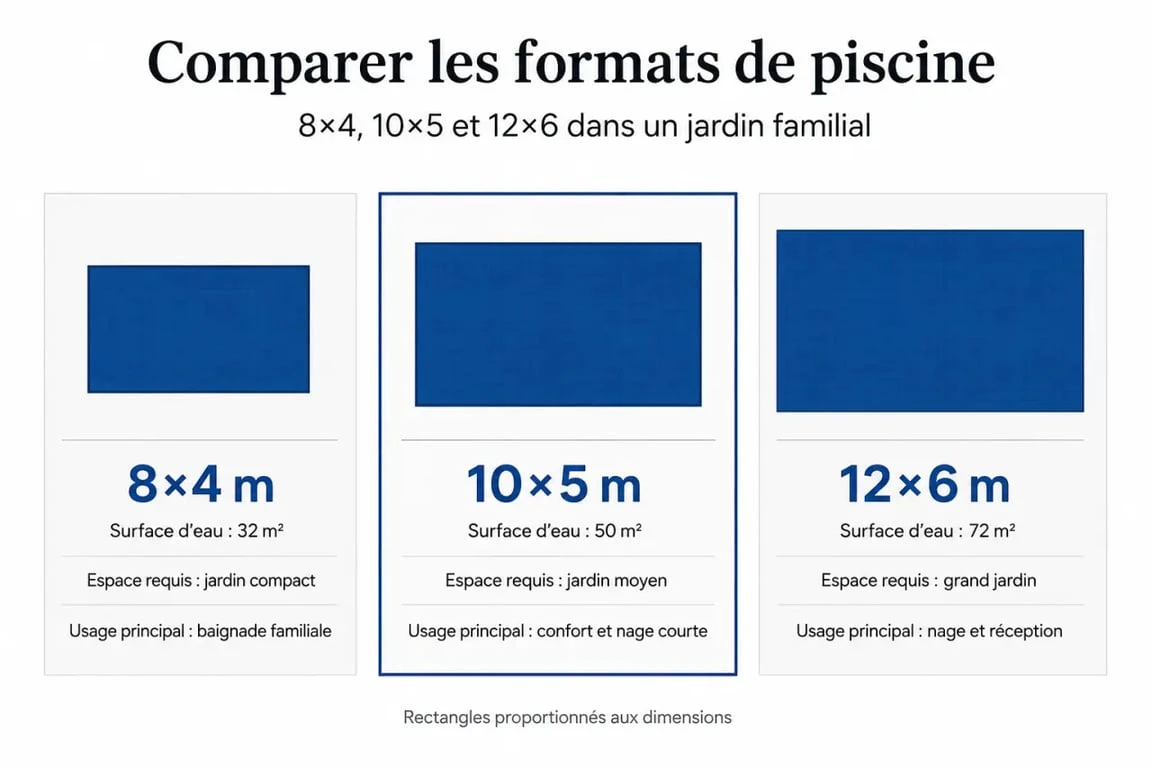 Comparatif visuel d’une piscine 10x5 face aux formats 8x4 et 12x6
