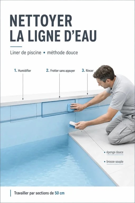 liner piscine nettoyage : nettoyage délicat de la ligne d'eau avec une éponge douce et étapes numérotées