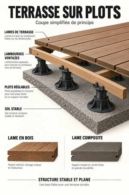 Schéma simplifié de pose d’une terrasse en bois ou composite sur plots et lambourdes