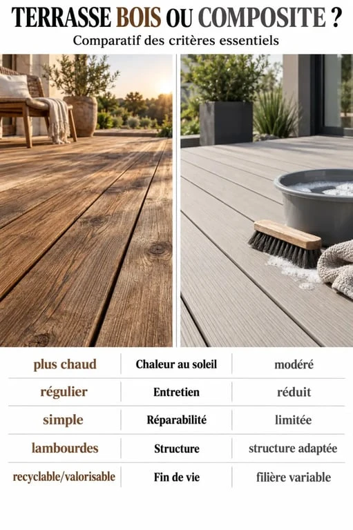 Bois ou composite pour une terrasse : comparaison visuelle des avantages et contraintes