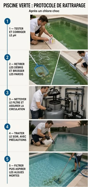 Protocole illustré pour traiter une chlore choc piscine verte et retrouver une eau claire
