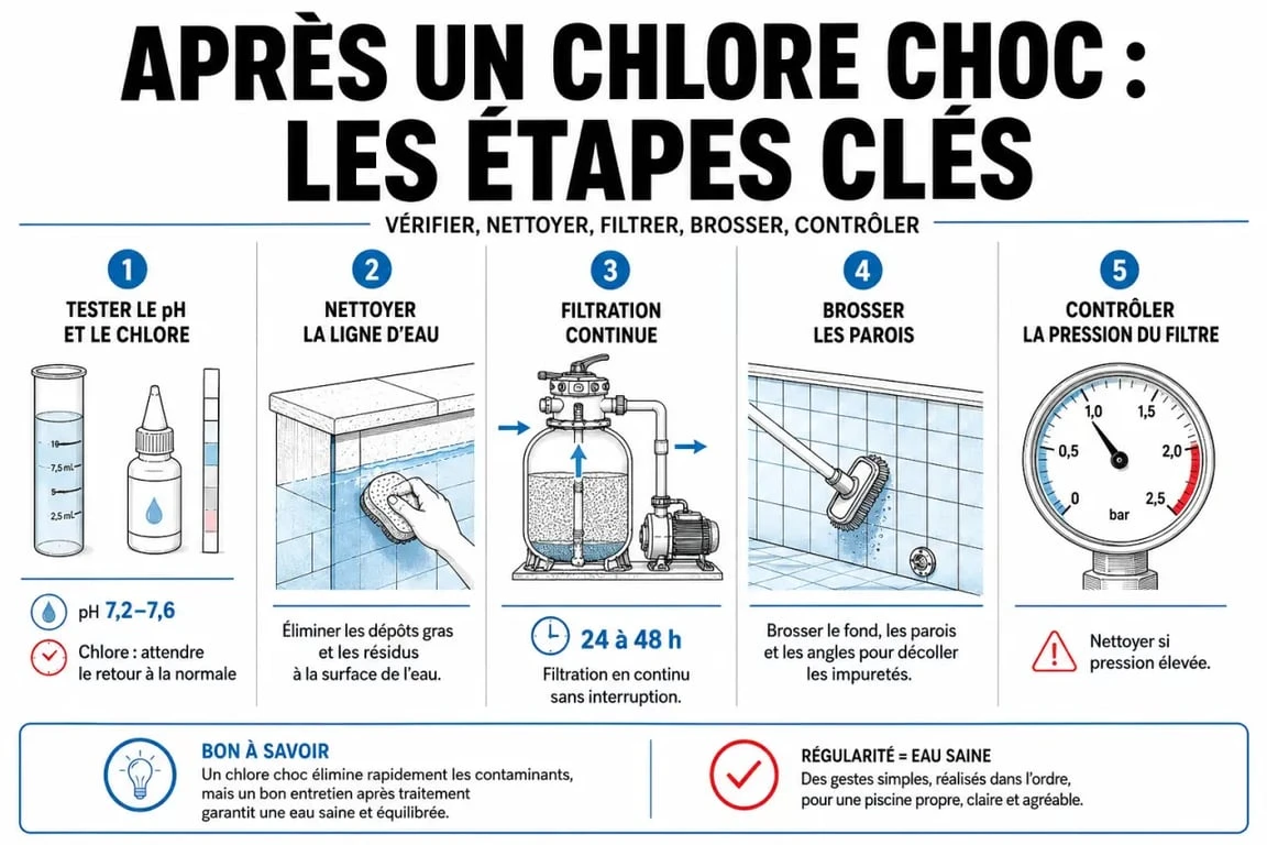 Piscine qui mousse après chlore choc : schéma des causes et des gestes prioritaires