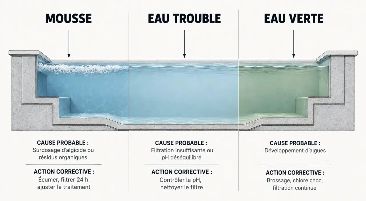 Piscine qui mousse après chlore choc : schéma comparatif mousse, eau trouble et eau verte