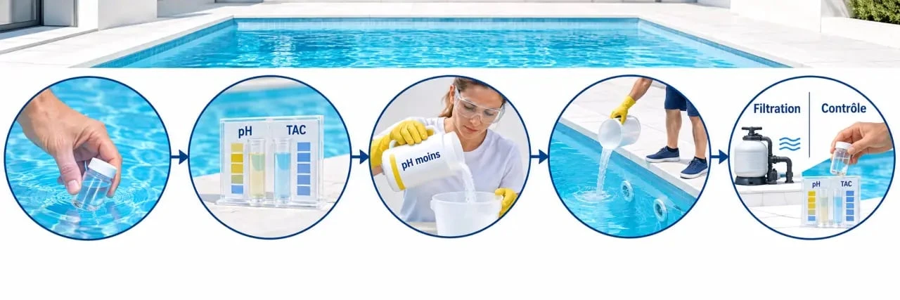 Baisser le pH d’une piscine : étapes de mesure, ajout du pH moins et contrôle de l’eau