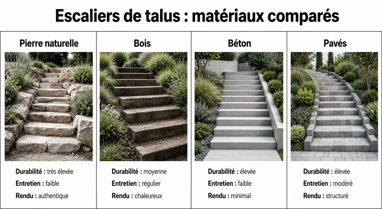 Faire un escalier dans un talus pentu : comparaison visuelle pierre, bois, béton et pavés