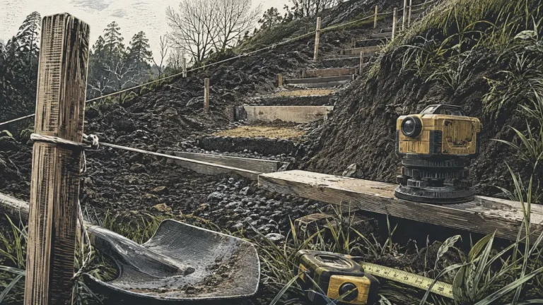 Faire un escalier dans un talus pentu en cours de traçage, niveau laser et piquets