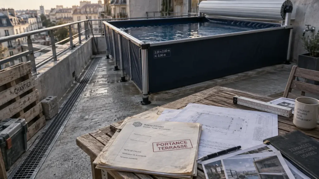 Petite piscine pour terrasse sur dalle béton, vue depuis la rambarde