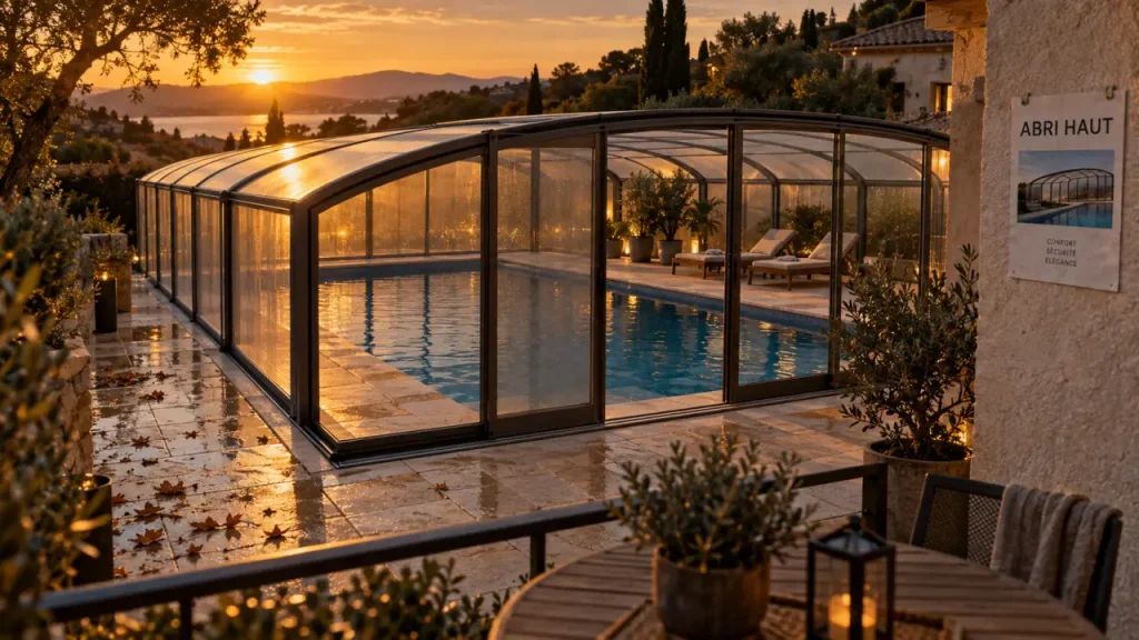 Abri haut piscine en aluminium et polycarbonate, ventilation intérieure