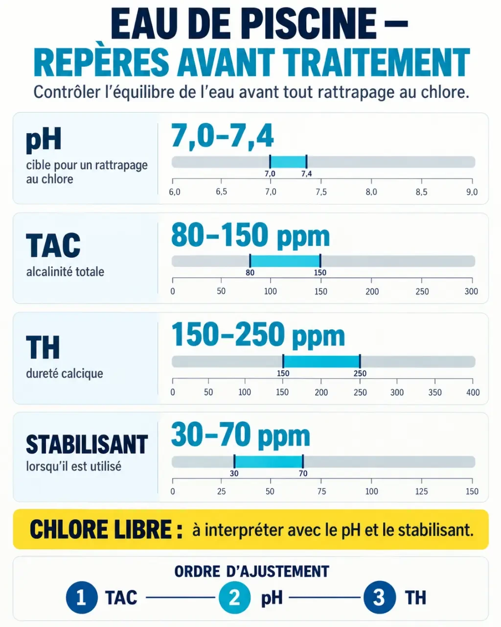 Piscine verte que faire : valeurs cibles du pH, du TAC, du TH et du stabilisant