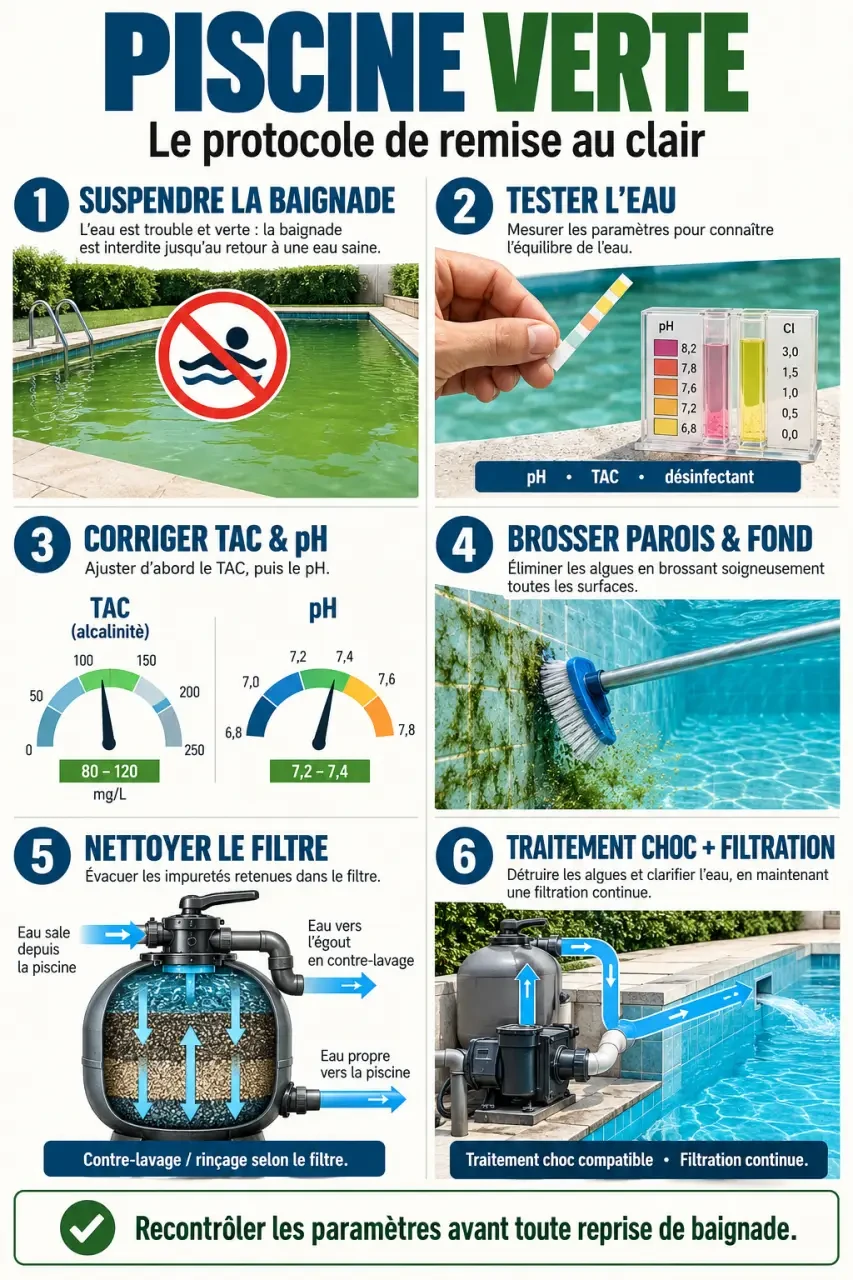 Piscine verte que faire : étapes du protocole de rattrapage de l’eau