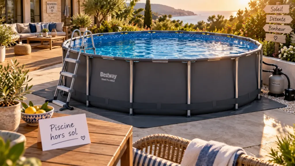 Meilleur piscine hors sol : piscine tubulaire dans un jardin avec filtration visible