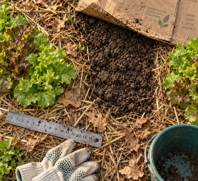 Paillage du potager : paille entre rangs de salades