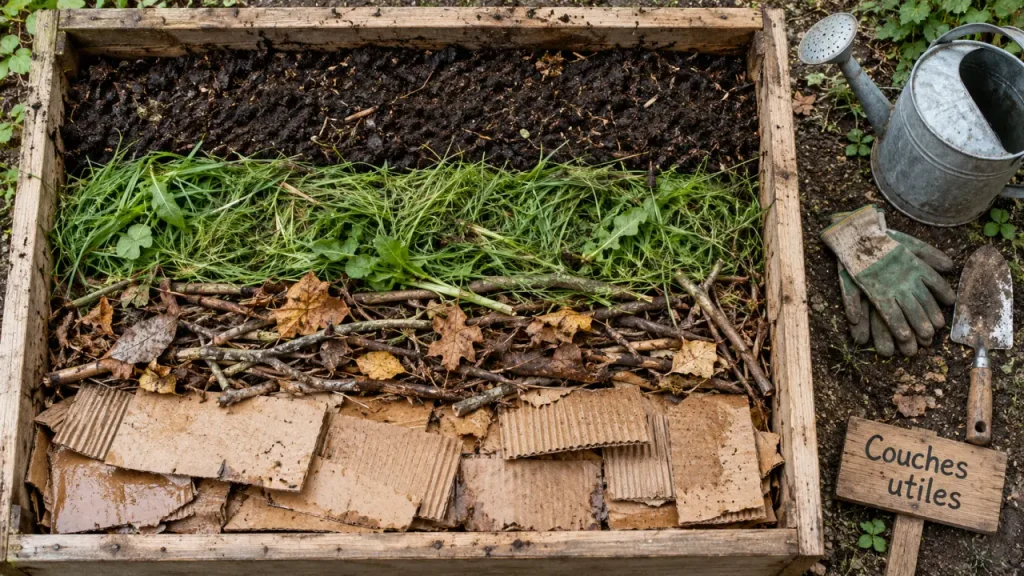 Remplir carré potager permaculture : cartons, feuilles et terre, 5 couches anti faim d’azote