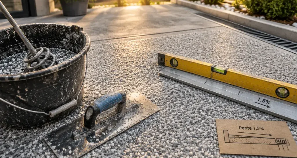 Resine terrase drainante : pente sur support béton, texture minérale sans joints